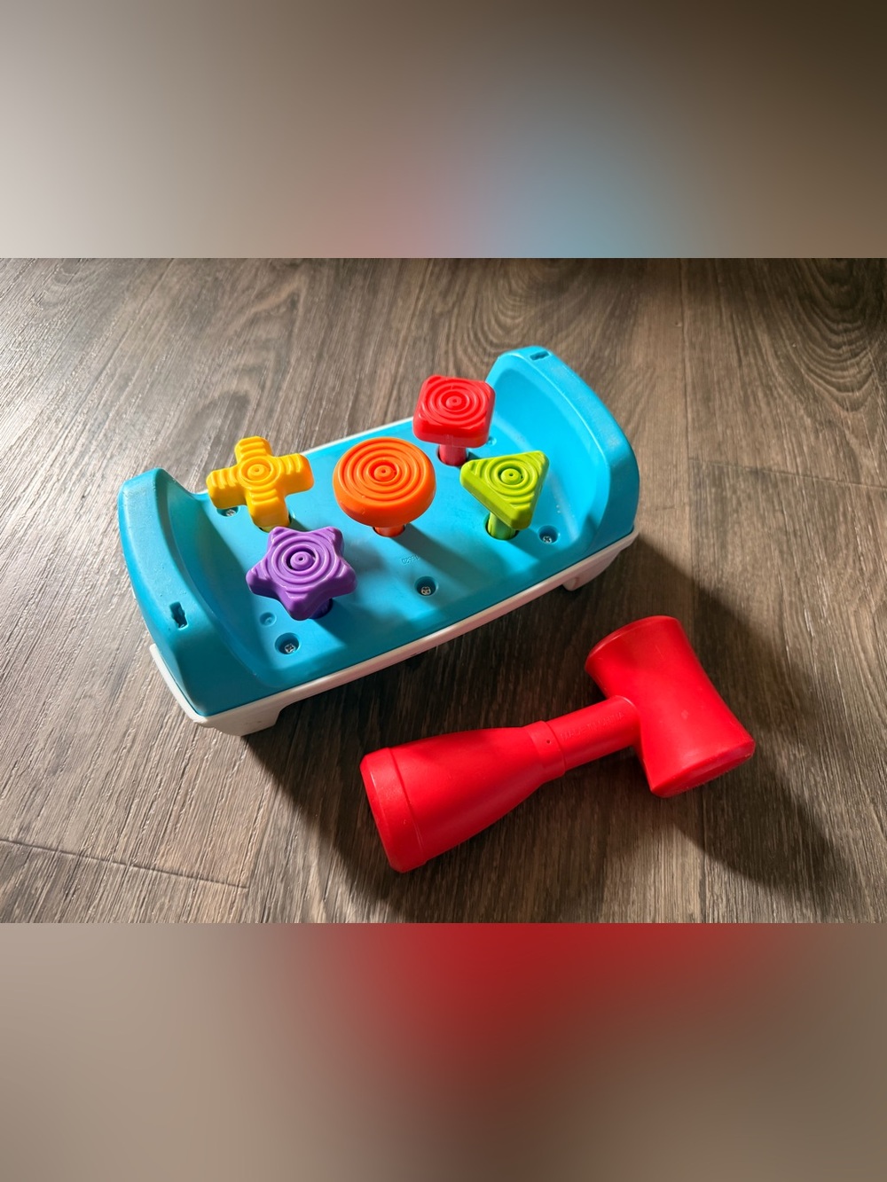 Colorful Hammer Peg Bench Toy - Blue with Red Mallet